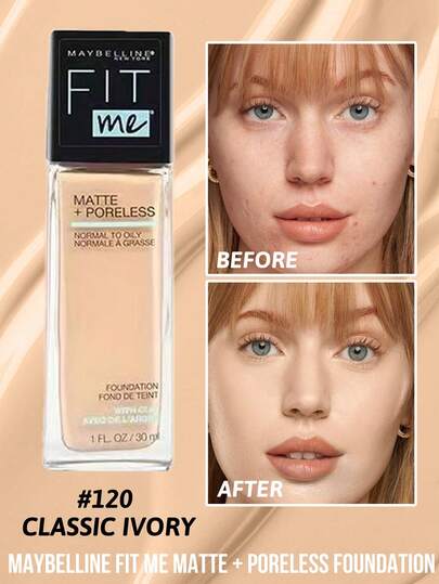 Maybelline 美宝莲 Fit Me 哑光无孔粉底液，#120，持久，24 小时控油，哑光效果，遮瑕，缩小毛孔，SPF 17，自然妆效，质地柔滑，轻盈透气，抗氧化成分，适合所有肤质，敏感肌肤友好，日常使用或户外活动。