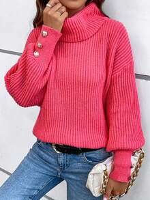 Áo len cổ lọ dáng rộng dành cho nữ, kiểu dáng thường ngày và trang trọng, chất liệu dệt kim gân, cài nút, tay dài. - Màu Hồng Tươi - Xem 8