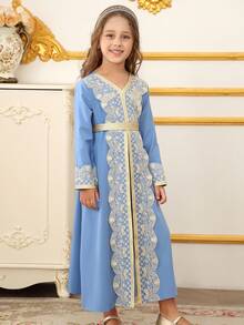 少女浅蓝色金色刺绣蕾丝边长袍，斋月传统文化服饰，刺绣长袍 - 藍色 - 查看 4