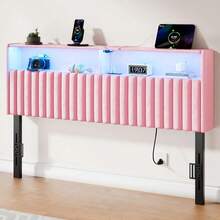 Headboard With Charging Station And Smart RGB LED Light, Full Bed Upholstered Head Board With Storage Shelves, Sturdy And Solid Headboards For Bedroom, Guest Room And Dorm - US A Type Plug(110-127V) - View 3