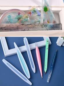 Kawaii Creative DIY Epoxy Resin Casting Mold Pen Shaped Ruler And Angular Gauge Shaped Resin Mold, Including Ruler And Angular Gauge DIY Epoxy Resin Casting Mold Process, DIY Resin Craft Production Kit - Used For Ballpoint Pens, Silicone Pen Molds, Red, Black And Blue Ballpoint Pen Cores, DIY Resin Casting Molds, Pen And Ruler Protractor Production