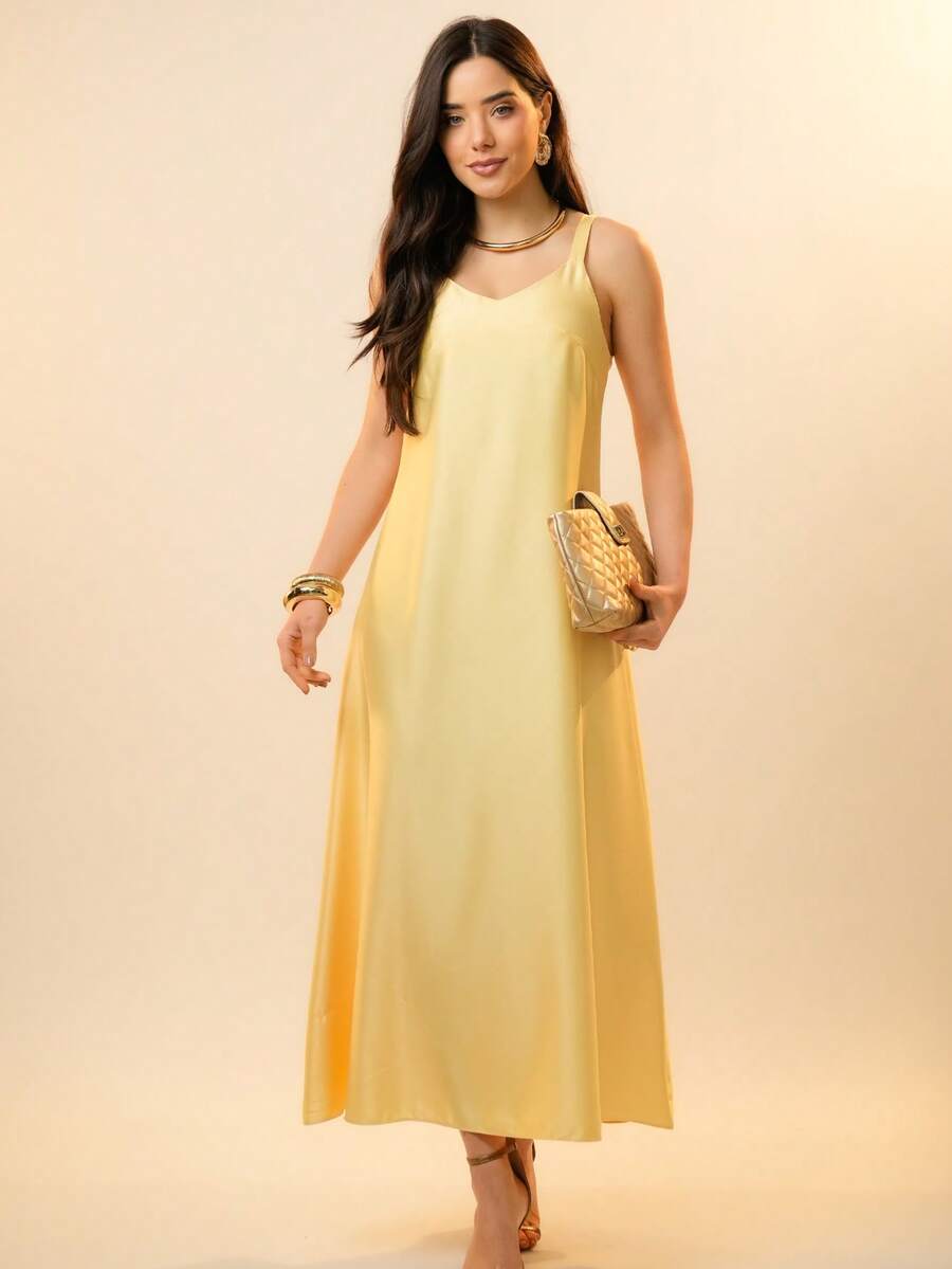 Italian Style Boat Neck Sleeveless Fitted Dress For Women - Yellow - View 1