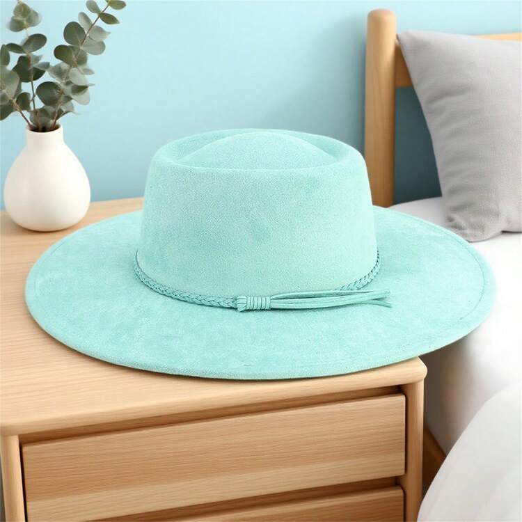 Fedora Hat For Women And Men Vintage Western Wide Brim Felt Fedora Panama Cap Weaving Decorative Band - Mint Green - View 2