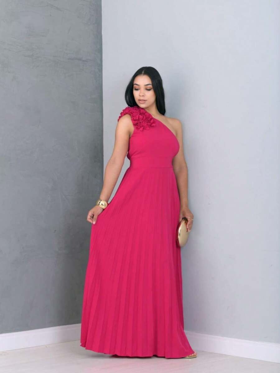 Women's Long Pleated Party Dress, Ruffled Off-The-Shoulder, Wedding, Graduation - Màu Hồng Tươi - Xem 1