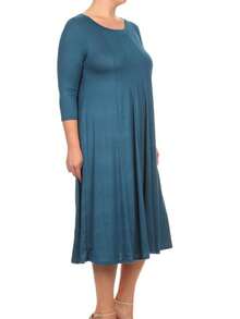 Plus Size Casual 3/4 Sleeves Basic A-Line Pleated Solid Midi Dress  Wedding - Teal - View 3