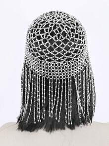 1 件手工钩针镂空装饰串珠帽 - 銀色 - 查看 4