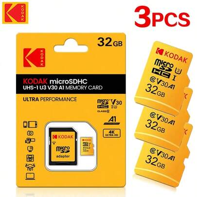  3 thẻ nhớ Kodak chính hãng 64GB Micro SD, 32GB Class 10, 128GB, 256GB C10 U3 100MB/S A1 SDHC SDXC UHS-I V30 dành cho điện thoại thông minh, máy ảnh, máy chơi game, màn hình, máy ảnh SLR.