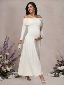 JustVH Maternity Off Shoulder Long Sleeve Solid Color Dress Autumn And Winter Pregnant Maxi Dress For Baby Shower Party, Gender Reveal