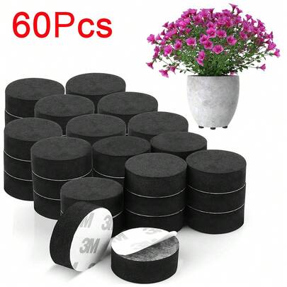 60 Pack Invisible Plant Pot Feet - Invisible Black Flower Pot Risers - Non-Slip With Strong Self Adhesive Pads For Medium And Large Sized Pots - Lifter Pads For Indoor And Outdoor Plants