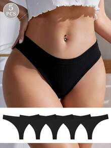 5件装女士性感纯色棉质透气比基尼内裤 - 黑色 - 查看 5