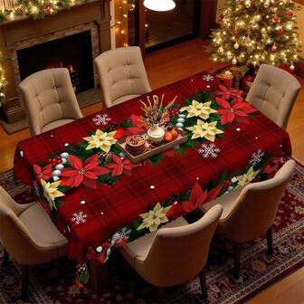 1 pieza Mantel de Navidad - Cuadros rojos vintage + Diseño floral navideño para cubrir mesa de comedor - Colores vibrantes, tela de poliéster - Se ajusta a mesas rectangulares, redondas y de comedor - Decoración de fiesta, hogar, restaurante de invierno - Fácil de limpiar decoración navideña
