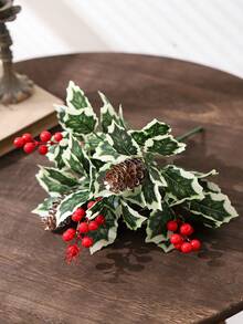 3 Stücke künstliche Weihnachts-Faux-Pflanzen, beinhaltet Stechpalmenbeeren, Tannenzapfen, grüne Blätter, Fake Weihnachtsbaum Zweige, Blumenstiele, geeignet für Blumenvasen, Weihnachts-Feiertags-Dekoration