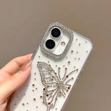Butterfly 1pc Transparent TPU Anti-Drop Phone Case, Single Electroplated Silver Lens Frame Protective Cover, DIY Rhinestone Bow Pattern Phone Case, Luxury Rhinestone Suitable As Gift For Loved Ones, Compatible With IPhone 16 Pro Max, 15 Plus, 14 Pro, 13, 12 Pro, 11