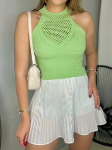 Women's Cropped Blouse Top, High Neck, Modal Knit Summer, Bottle, Armhole, V-Neck Opening, Hole - Màu xanh Bạc hà - Xem 6