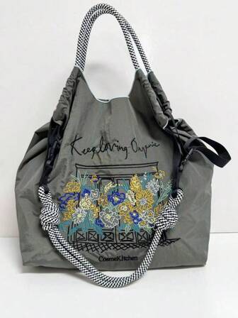 Embroidered Floral Pattern Shopping Bag, Large Capacity Travel Tote Bag, Nylon Drawstring Handbag, Bag