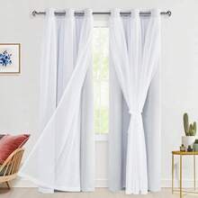 Hiasan 2 Panels Greyish White Blackout Curtains With White Sheer Overlay, Double Layer Mix & Match Thermal Insulated Room Darkening Curtains With Tiebacks For Bedroom And Living Room Decoration - 白色 - 查看 14