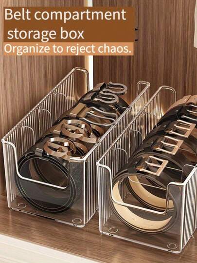 1pc/2pcs Belt Storage Box With Divided Compartments For Tie Organization And Display, Desktop Transparent Men's Waistband Storage Box