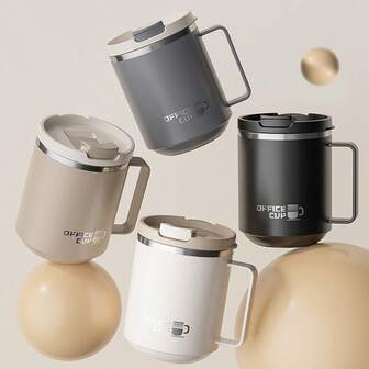 1Pc 500Ml 304 Stainless Steel Double Wall Coffee Mug With Lid&Handle, Portable Double-Layer Insulated Anti Scalding Water Cup, Sealed Thermal Milk Coffee Cup, Tumbler, Large Capacity Drinking Cup, Suitable For Student And Adult Use In School, Office, Outdoor Camping, Picnic, Travel