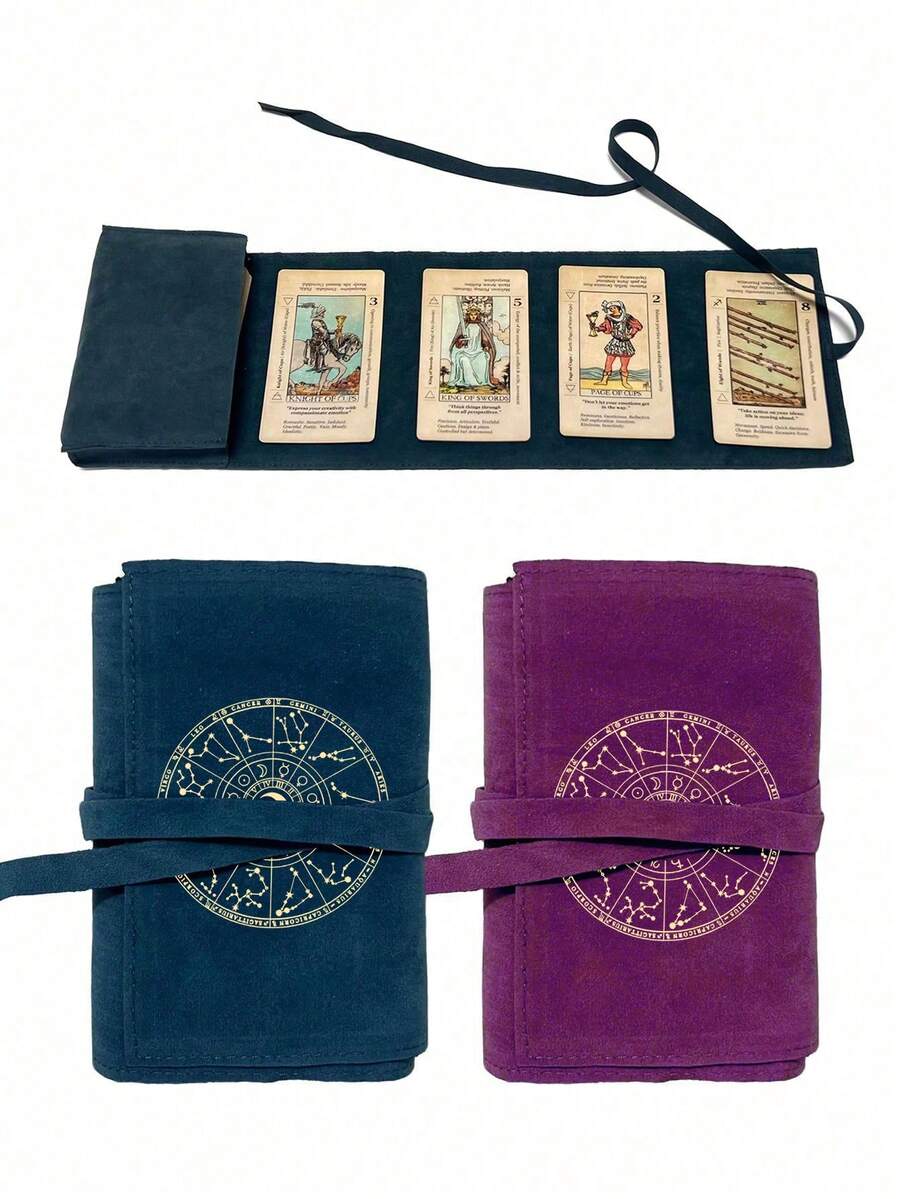 Velvet Tarot Card Bag, Decorated With Mysterious Golden Zodiac Moon Disc, Blue-Purple Color, Drawstring Closure, Soft Fabric Protective Case, Portable Card Holder, Suitable For Storing Tarot Cards And Small Items