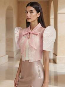 Amyenjoylife Modern Filipiniana Ladies' Elegant And Fashionable Bubble Sleeve Short Sleeved Cardigan Shirt