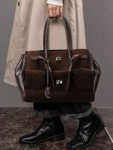 1个复古摩托车造型手提包，大容量可扩展纯色双提手女士单肩托特包，适合度假、旅行、搭配时尚服饰以及与朋友购物 - 查看 4