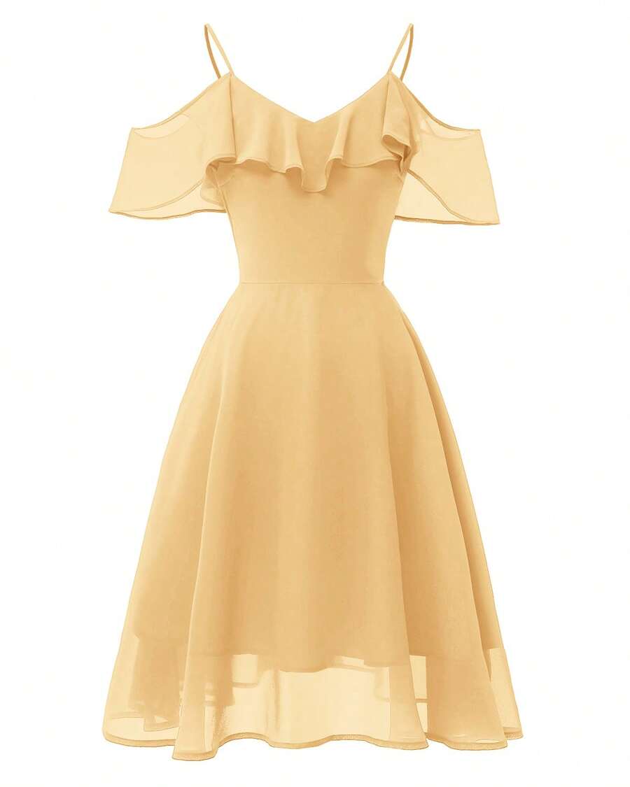 Fitglam Cute Women's Chiffon Short Dress Spaghetti Straps Party Dress A-Line V-Neck Homecoming Graduation Dress - Rượu sâm banh - Xem 1