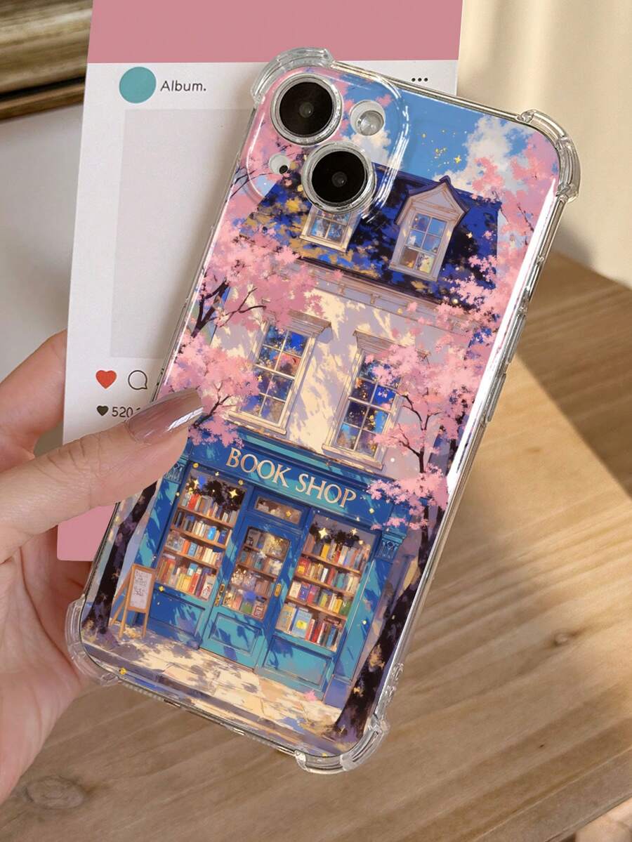 1pc Sakura Tree Bookstore Building & Book Graphic Transparent Anti-Slip Anti-Drop Soft Phone Case Compatible With Apple - Multicolor - View 1
