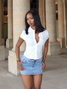 Mima John 夏季蝴蝶结装饰牛仔迷你裙 - 淺色水洗藍 - 查看 2