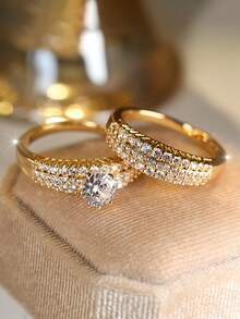 1 套奢华女士圆形新娘方晶锆石结婚戒指，复古订婚承诺戒指，可作为礼物送给她 - 金色 - 查看 18