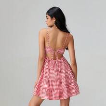 Women Spaghetti Strap Cami Dress Plaid Sweetheart Neck Tiered Hem Back Lacing Short Dresses - Đỏ - Xem 2