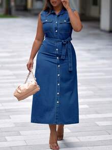 Women's Dark Blue Washed Sleeveless Denim Midi Dress, Elegant Slim Fit With Front Button Closure & Self-Tie Waist, Casual & Vacation Must-Have - Medium Wash - View 5