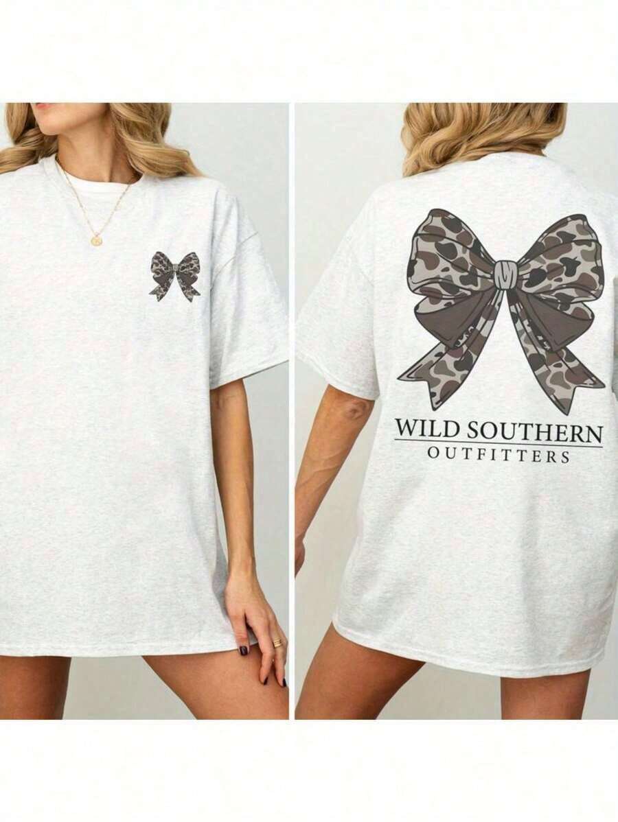 Vintage Camo Bow Hunting Shirt, Wild Southern Camo T-Shirt,Simply Printed Graphic Shirt,Daily Casual Womenswear-Unisex Street-Style Cotton T-Shirt Top - 白色 - 查看 1