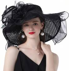 Women's Wide Brim Church Hat Organza Fascinator With Silk Flowers Tea Party Wedding Derby Bridal Events - 杏色 - 查看 6