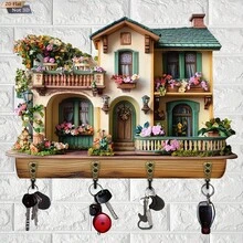 Key Holder For Wall Wooden 2D Flat Village House Shape Key Hooks Hanging Wall Decor For Entryway Living Room Home - xanh quân đội - Xem 4