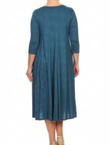 Plus Size Casual 3/4 Sleeves Basic A-Line Pleated Solid Midi Dress  Wedding - Teal - View 4