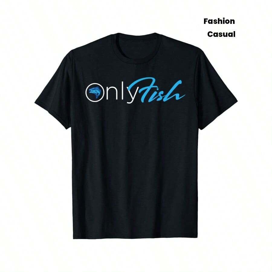 Men'S Fashion  Cotton Round Neck Casual Letter Printed Short Sleeve Men T-Shirt 180g Birthday Gifts Onlyfish Fishing Tee, Bass Fish T-Shirt Apparel - 黑色 - 查看 1