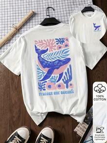 1pc "Protect Our Oceans" Whale Graphic T - Shirt, Friendly Illustration Style, 100% Cotton, Front & Back Ocean - Themed Prints Detail, Crewneck Tee For Ocean Conservation Events & Beach Outings In Summer - 白色4 - 查看 1