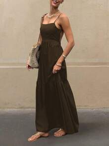 女士无袖纯色波西米亚风露背荷叶边连衣裙，适合度假、休闲外出、夏季派对等场合，优雅时尚。 - 咖啡 - 查看 2