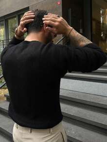 Men Plus Round-Neck Casual Solid-Color Long-Sleeved Knit Sweater For Early Autumn, Winter - Black - View 5