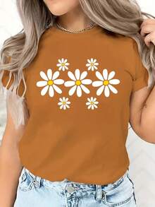 Valentine's Day European And American Spring Summer Women's Clothing Small Daisy Print Casual T-Shirt Loose And Comfortable Summer Tops White Top - 焦糖色 - 查看 1