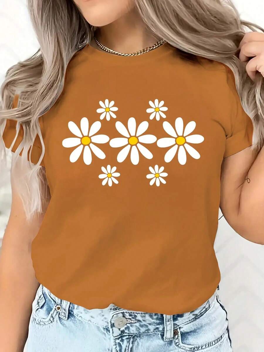 Valentine's Day European And American Spring Summer Women's Clothing Small Daisy Print Casual T-Shirt Loose And Comfortable Summer Tops White Top - 焦糖色 - 查看 1