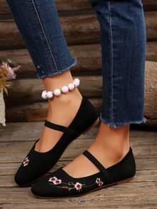 Zapatos planos de mujer para otoño/invierno con suela suave, punta cuadrada, banda elástica y bloques de color, aptos para uso interior y exterior - Bordado negro - Ver 4