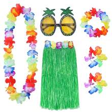 A Set Hula Outfits Hawaiian, Hawaiian Flower Skirts For Women Dress Outfits Tropical Grass Skirts Fortuning'S Costume For Beach Party Favors Halloween Cosplay,Grass Skirt Flower Accessories In Yellow, Green, And Rose Red.