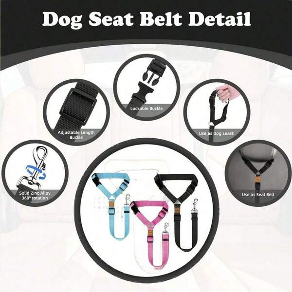 1 Pack Car Dog Seat Belt, Car Headrest Adjustable Nylon Fabric, Dog Seat Belt Car Seat Belt - Black