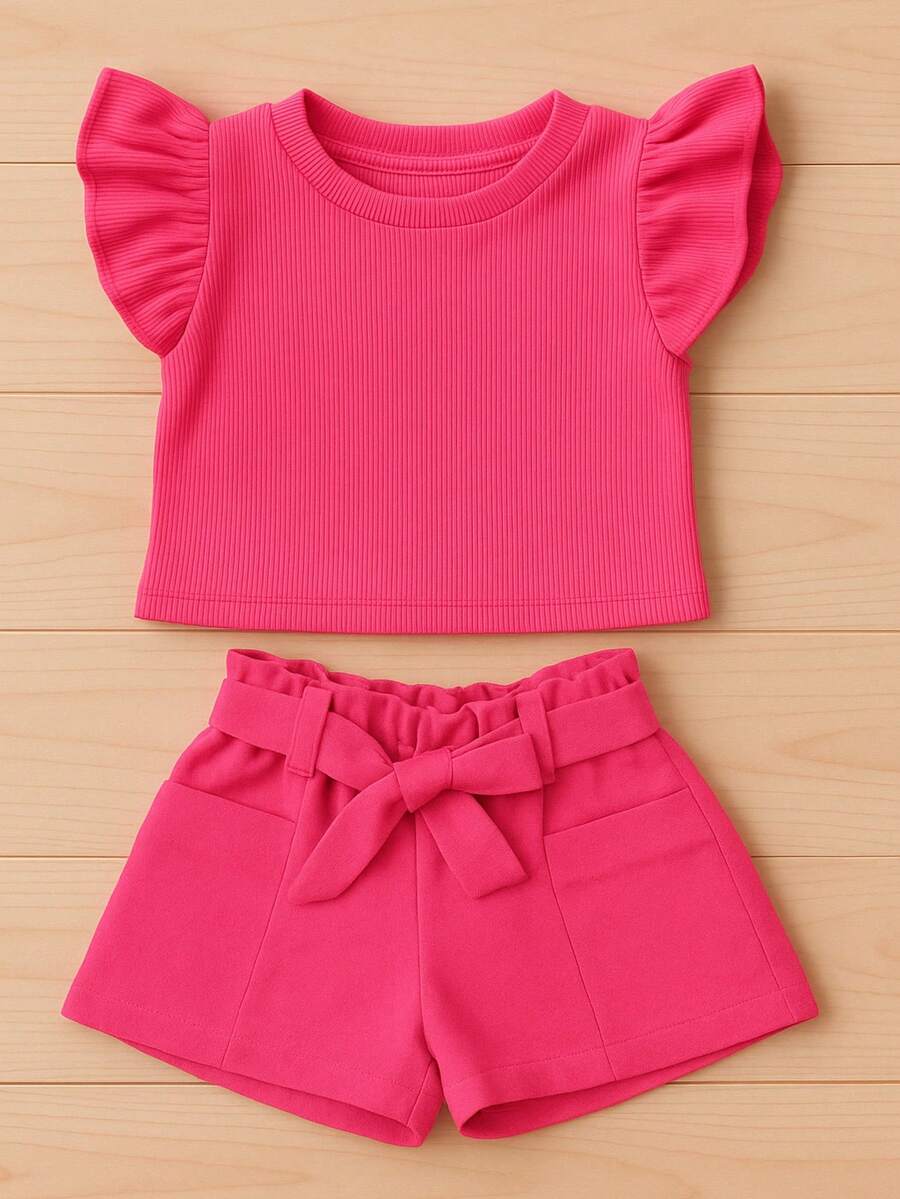 Children's Set Cropped Frufru Blouse + Linen Clochard Shorts Kit With 2 Super Stylish Pieces CJI033 - 粉紅色和泡泡糖粉紅色 - 查看 1