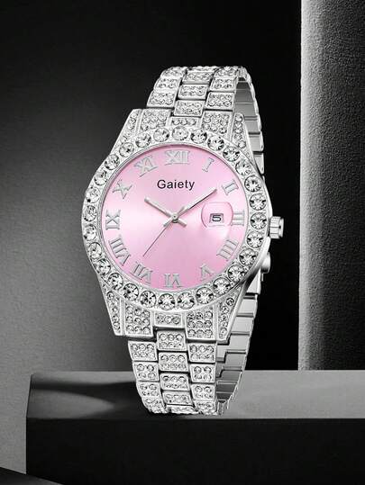 Gaiety1Pc Zilver Strap able, Elegant, Verlichting Luxe Water Diamond Roman Scale Calendar Large Dial Quartz Horloge Wear Or Holiday view 2