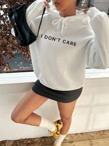 Casual Simple "I Don't Care" Graphic Print White Hooded Long Sleeve Loose Thick Fleece Sweatshirt For Women Back To School Fall And Winter Clothing HoodieY2Y-W-Sudaderas - 黑色 - 查看 10