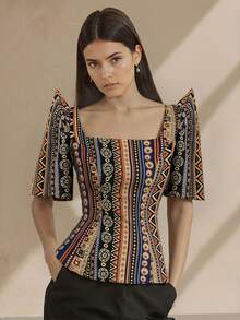 女士优雅几何条纹泡泡袖方领衬衫，现代菲律宾风格 - 橘色 - 查看 4