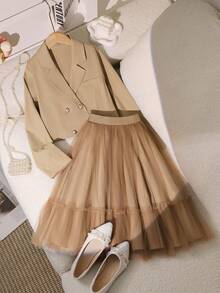 2pcs/Set Girls' Stylish Jacket + Mesh Patchwork Skirt, Spring/Autumn