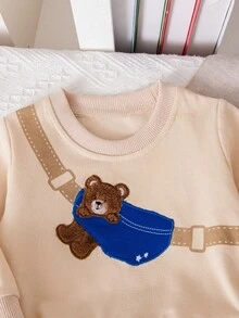 2pcs/Set Cute Bear Graphic Apricot Long Sleeve Hoodie & Blue Jogger Pants Outfit, Casual Wear For Baby Boys - Blue - View 3